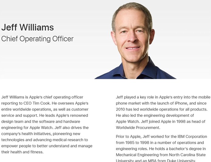 苹果宣布重大人事变动：曾被视为库克接班人的杰夫・威廉姆斯今年退休，萨比赫・汗接替 COO 职位