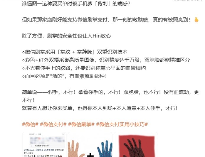 微信：刷掌支付采用“掌纹 + 掌静脉”双重识别技术，假手不行
