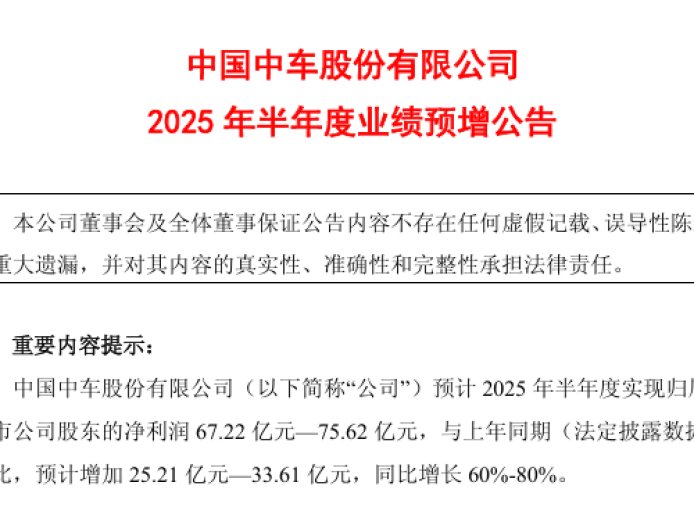 中国中车上半年净利润预计增长 60%-80%，达 67.22 亿元-75.62 亿元