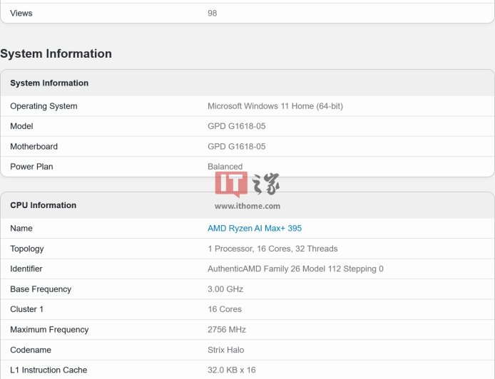 GPD 测试 AMD 锐龙 AI Max+ 395 处理器，或为传闻“掌机”平台