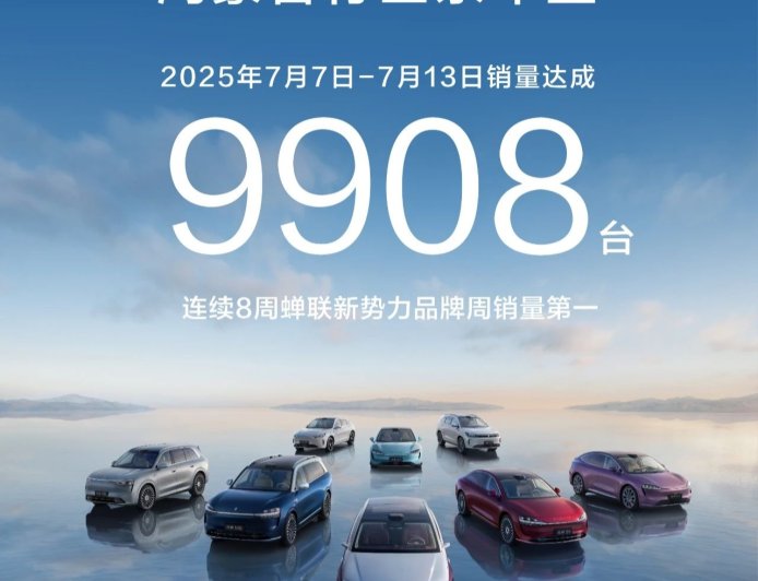连续 8 周位列新势力品牌 Top1：鸿蒙智行 2025 年 7 月 7 日 - 7 月 13 日销量 9908 台