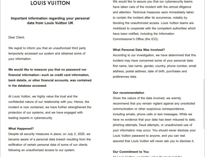 豪奢品牌 LV 确认遭网络攻击，已通知多国客户尽快修改密码