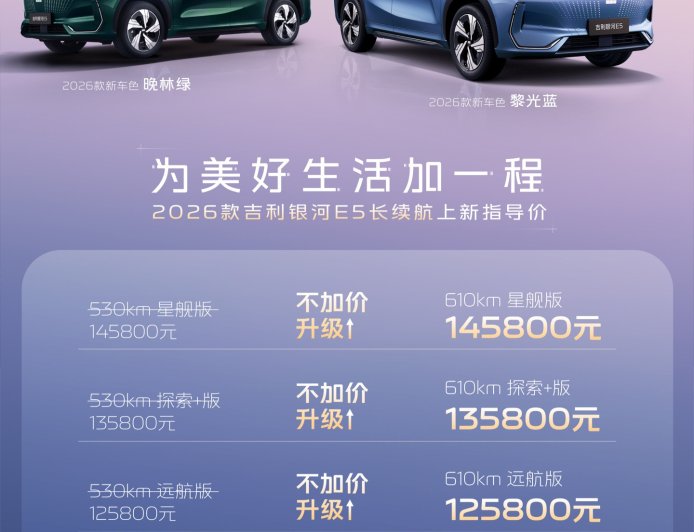 2026 款吉利银河 E5 上市:最大续航里程提升至 610km,售 10.98 万元起