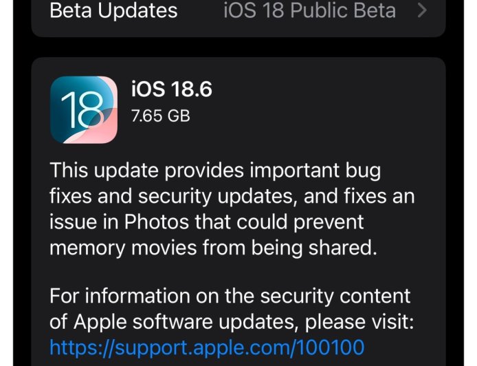 苹果详解 iOS 18.6 更新：主要是修复问题、提升稳定性