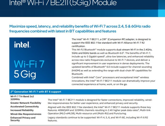英特尔发布第二代 Wi-Fi 7 无线网卡 BE211（5Gig），支持蓝牙 6.0