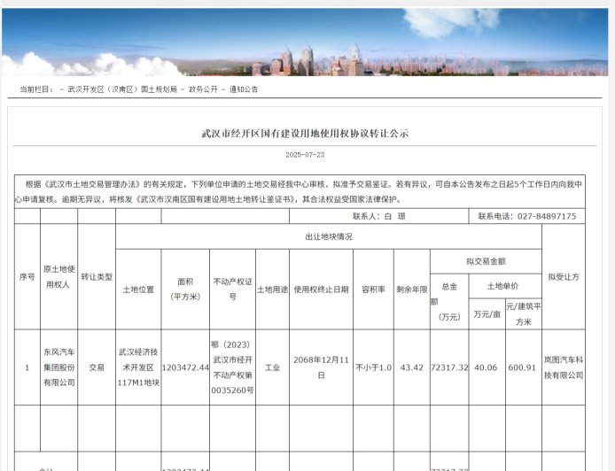 7.23 亿元，岚图汽车收购武汉东风云峰汽车工厂