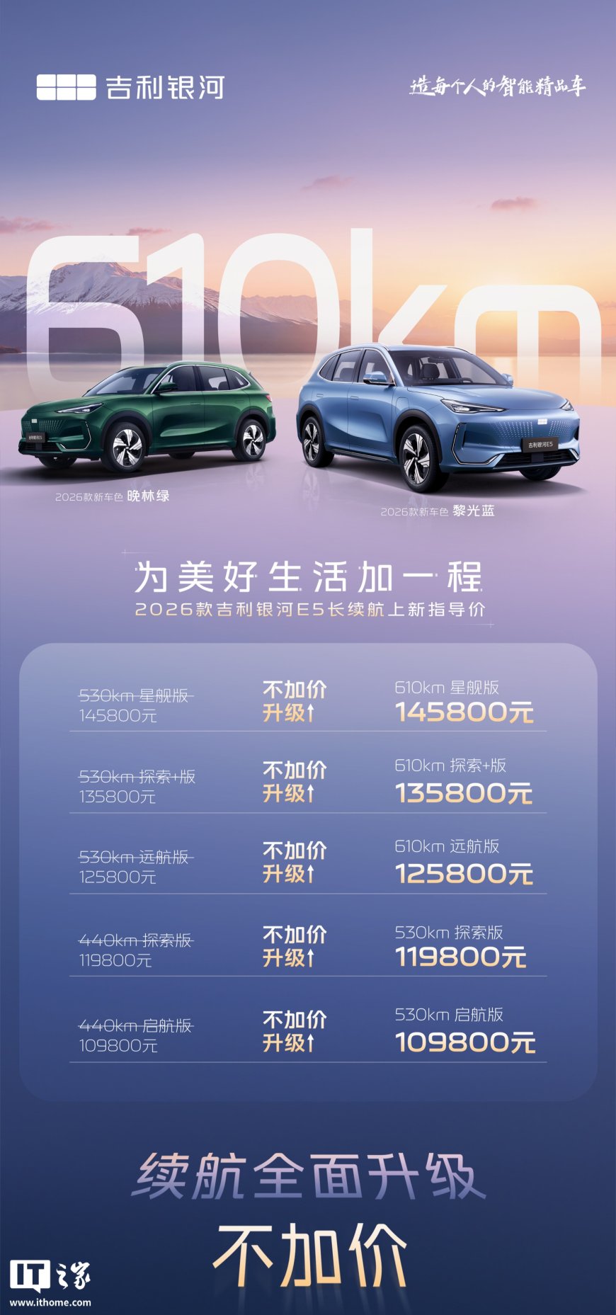 2026 款吉利银河 E5 上市:最大续航里程提升至 610km,售 10.98 万元起