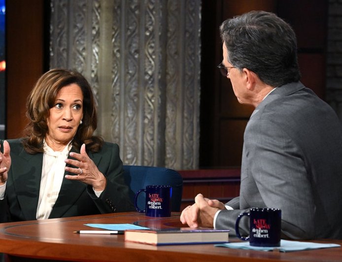 Kamala Harris refuses to say who's leading Democratic Party when pressed by Colbert