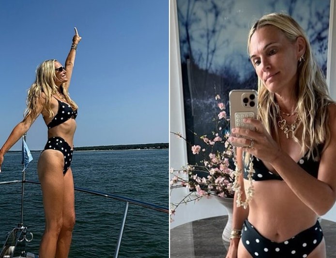 Molly Sims shows off figure in polka dot bikini during family yacht day