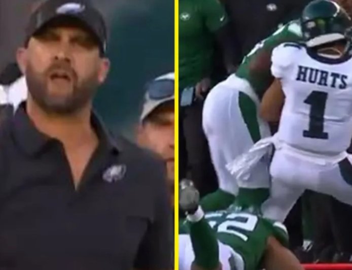 Brutal late hit on Jalen Hurts saw Eagles boss Nick Sirianni launch X-rated attack on rival coach