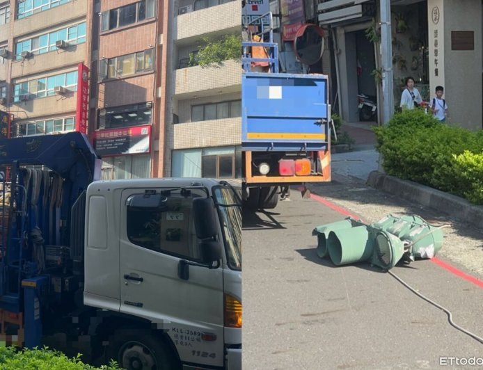 高雄大貨車「爆頭」紅綠燈!吊臂忘收釀禍 燈桿歪腰慘狀曝
