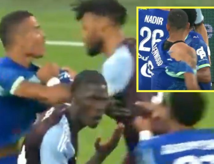 Mason Greenwood grabbed by the collar by ex-England teammate who rips shirt in heated scrap