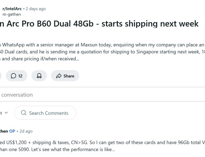 消息称铭瑄双芯 48GB 显存锐炫 Pro B60 显卡定价约合 1200 美元