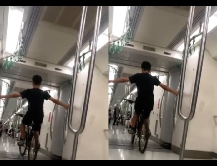 捷運車廂內耍特技!屁猴坐單車椅「來回嚕」 馬戲團練平衡影片曝