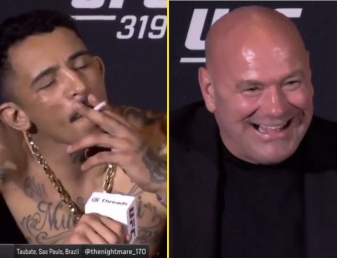 Dana White bursts out laughing as UFC 319 fighter smokes cigarette at press conference