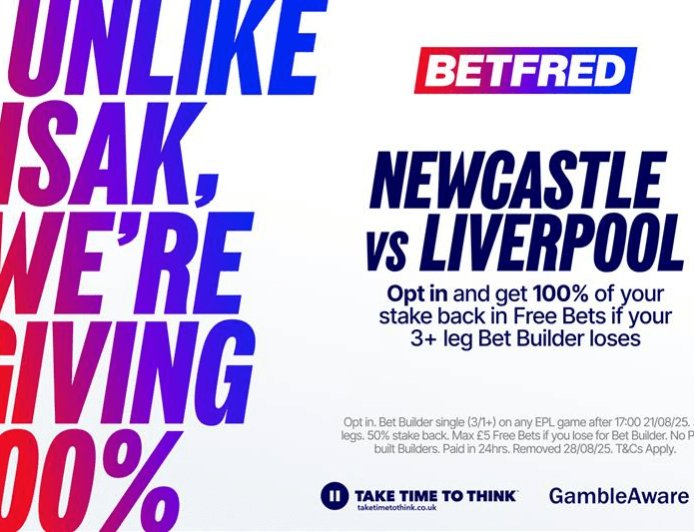 Newcastle vs Liverpool: Get 100% stake back up to £10 if your bet builder loses on Betfred