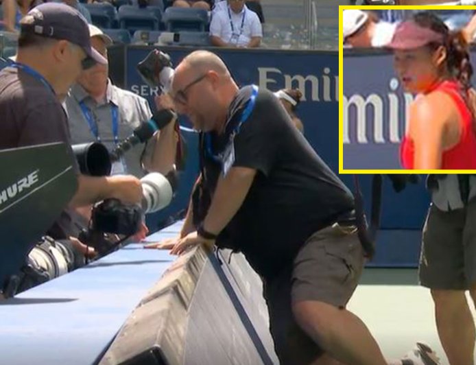 ‘He’s stacked it’ – Emma Raducanu’s US Open win stopped after cameraman falls over hoardings
