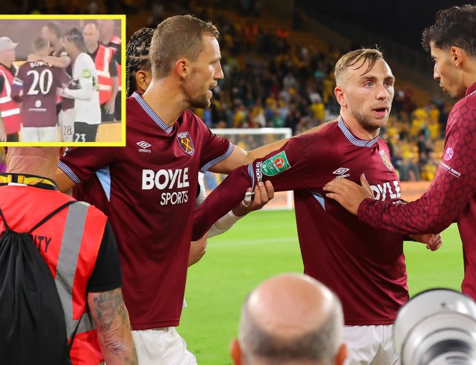 Jarrod Bowen apologises as he’s held back by teammates after argument with West Ham fans