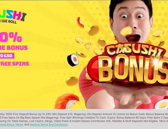 Pick up a 100% matched deposit up to £50, plus 20 free spins, when signing up to Casushi