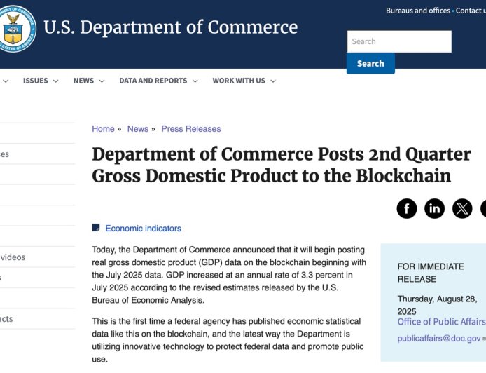 美国政府将 GDP 数据搬上区块链，声称可确保信息透明度