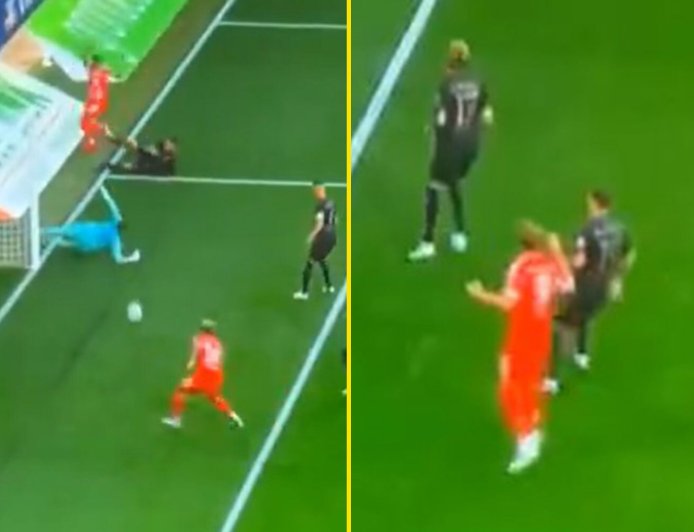 Bayern Munich hero Harry Kane looks shocked as Luis Diaz somehow fails to score from two yards out