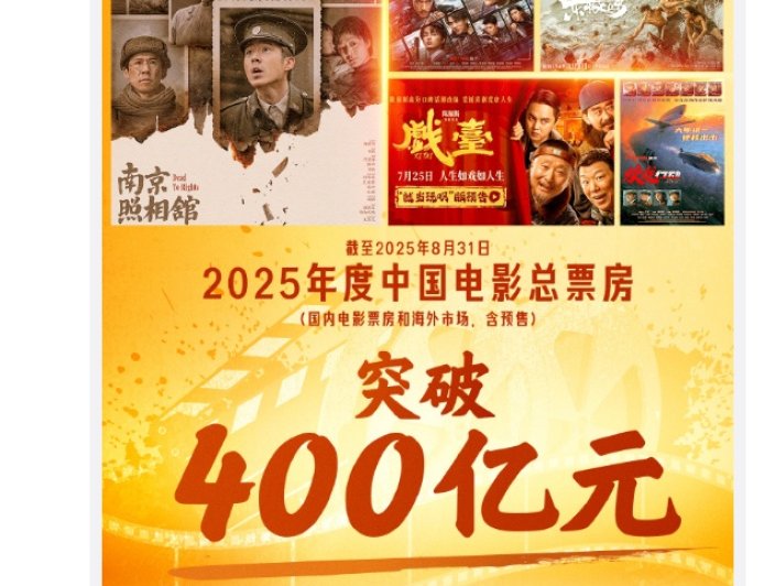 2025 中国电影总票房突破 400 亿元,海外市场票房折合人民币超 7.7 亿元创多年新高