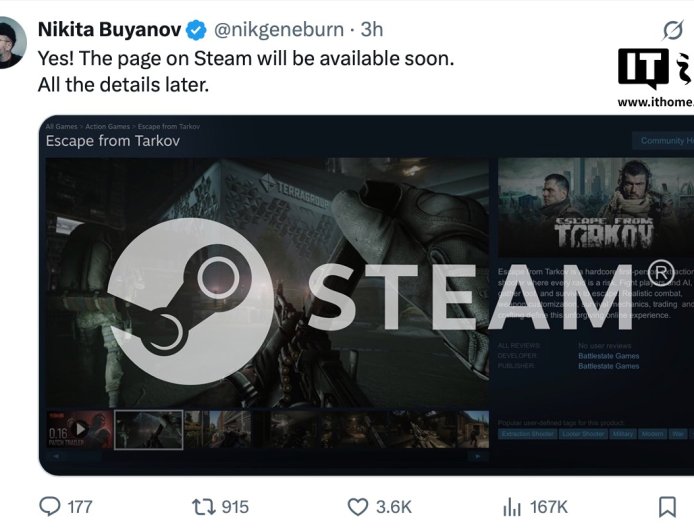 开发商宣布游戏《逃离塔科夫》将登陆 Steam 平台，有望 11 月 15 日随 1.0 正式版上线