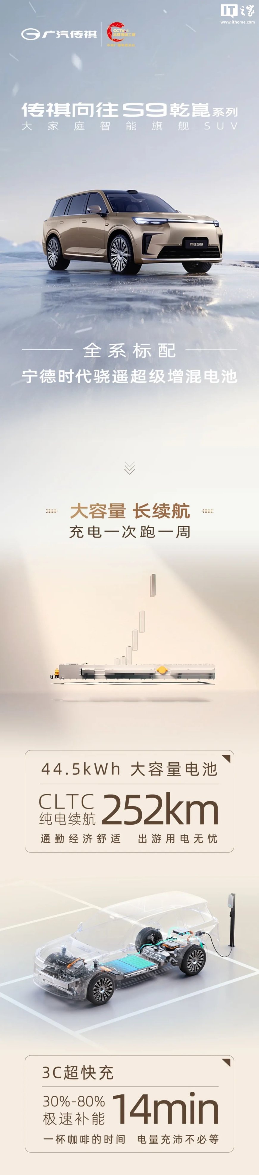 华为乾崑智驾加持:广汽传祺向往 S9 汽车全系标配宁德时代骁遥超级增混电池,CLTC 纯电续航 252km
