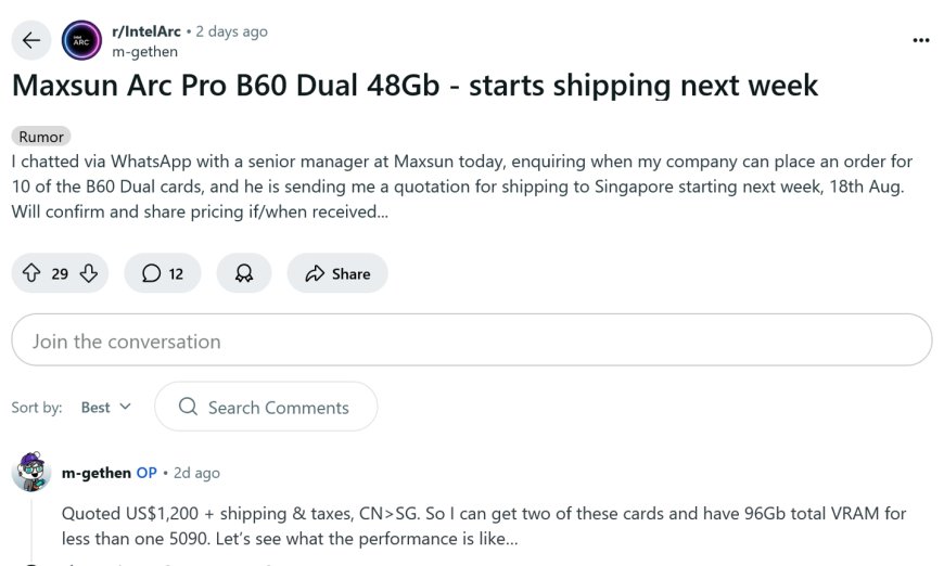 消息称铭瑄双芯 48GB 显存锐炫 Pro B60 显卡定价约合 1200 美元