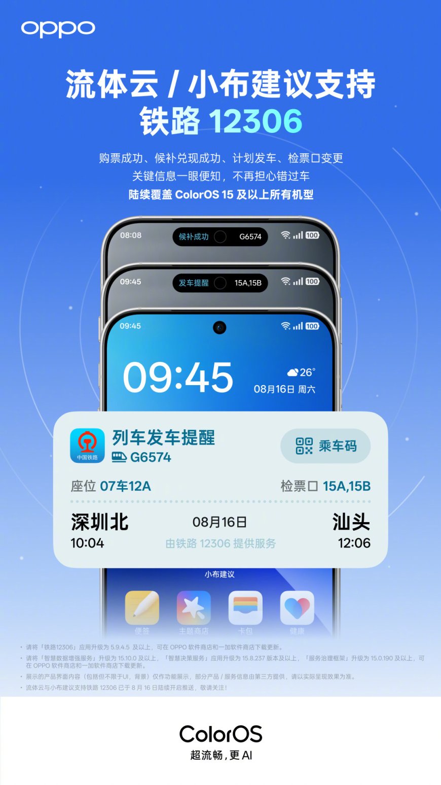 安卓首家：OPPO ColorOS 流体云及小布建议现已支持铁路 12306，一眼知行程