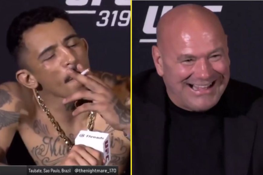 Dana White bursts out laughing as UFC 319 fighter smokes cigarette at press conference