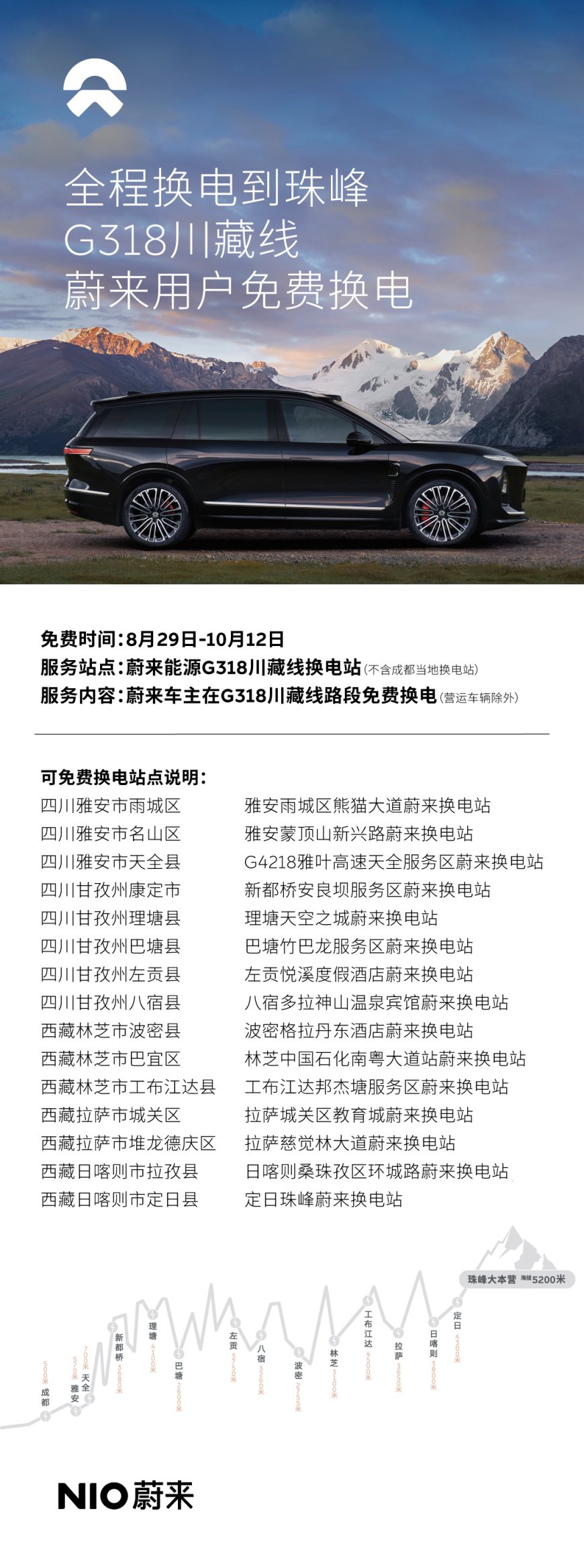 蔚来、乐道用户限时可享,G318 川藏换电路线将提供不限次免费换电