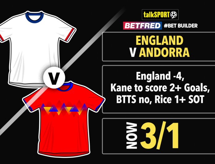 England vs Andorra 3/1 bet builder starring Kane and Rice on Betfred