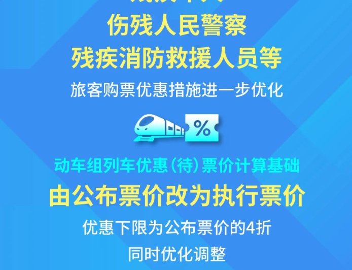 12306 国铁集团进一步优化儿童、伤残军警等旅客购票优惠措施：最低折扣为公布票价的 4 折