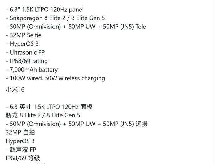 小米 16 手机规格曝光:6.3 英寸 120Hz 屏幕、骁龙 8 Elite Gen 5 芯片、7000mAh 电池