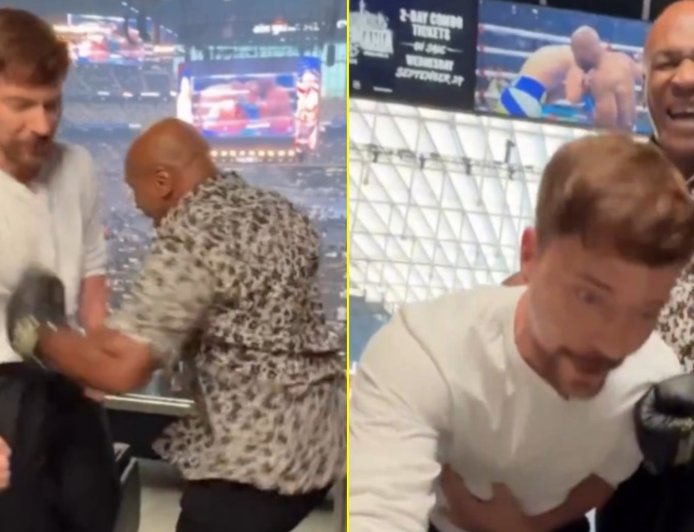 Mike Tyson leaves MrBeast doubled over in pain with huge punch at Canelo Alvarez vs Terence Crawford event