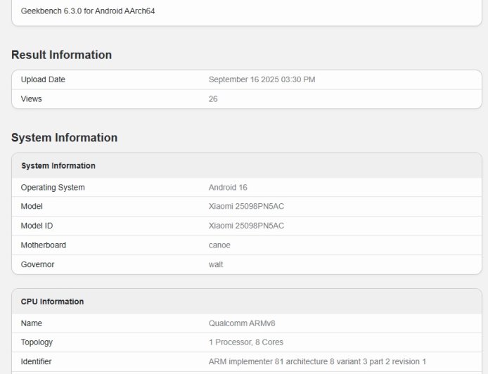 小米 17 Pro 现身 Geekbench：首发搭载高通骁龙 8 Elite Gen 5、安卓 16 系统
