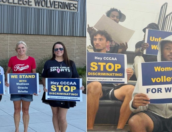 College women's volleyball game featuring trans athlete draws crowd of protesters in California