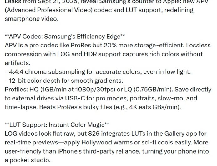 对标苹果 ProRes:消息称三星 Galaxy S26 系列手机首搭 APV 编码器,支持 12bit 色深 / Log