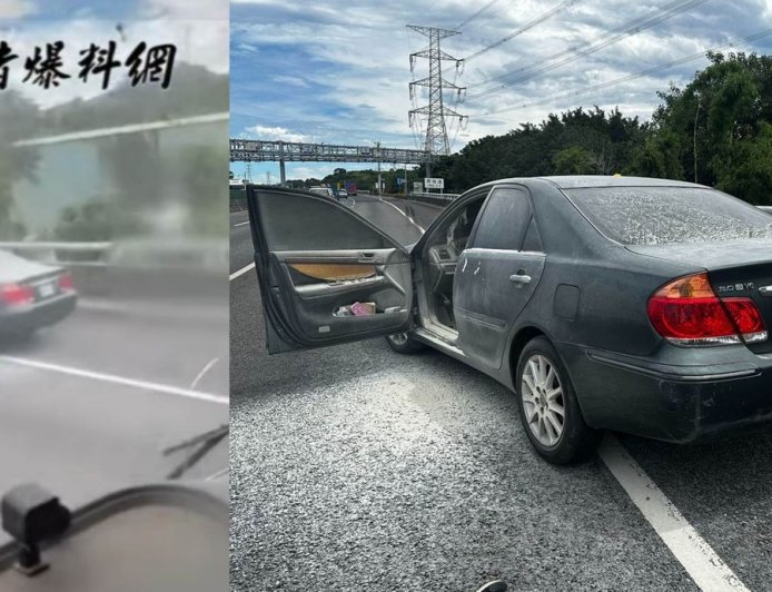 轎車國道爆胎自撞護欄!濃煙火舌竄出...熱心民眾救出昏迷駕駛
