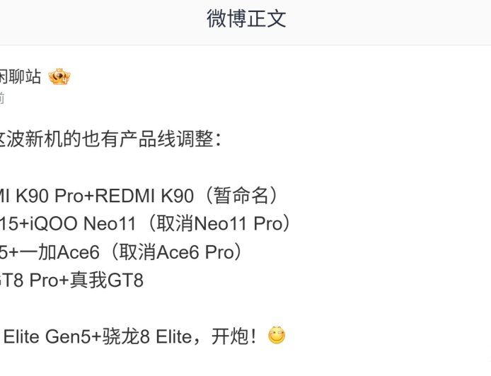 消息称多家安卓厂商子系机型命名有调整，iQOO Neo11 Pro / 一加 Ace 6 Pro 被取消