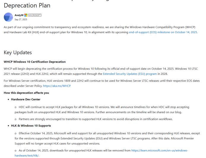 微软公布 Win10 WHCP 与 HLK 废止计划，建议厂商迁移至受支持版本