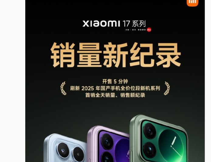 小米 17 全系开售 5 分钟,刷新 2025 年国产手机全价位段新机系列首销全天销量 / 销额纪录