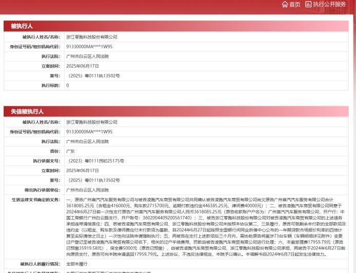 零跑汽车关联公司拖欠 361 万元成失信被执行人，创始人朱江明被限消