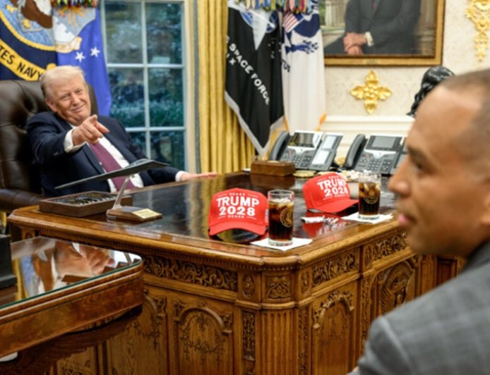Trump taunts Democrat leaders with ‘Trump 2028’ hats in Oval Office as shutdown approaches