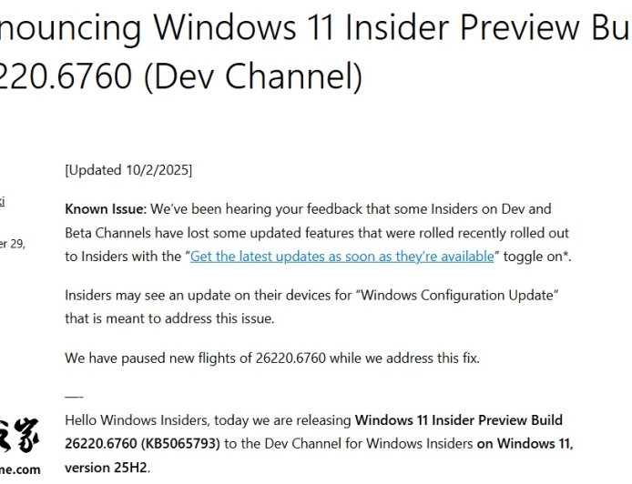 微软承认 Win11 Dev、Beta 功能异常消失,宣布暂停 25H2 26220.6760 预览版更新推送