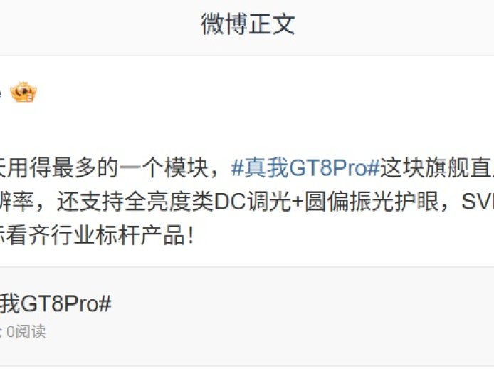realme 真我 GT8 Pro 手机旗舰直屏支持全亮度类 DC 调光 + 圆偏振光护眼，SVM 频闪 0.07