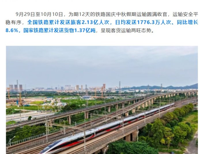 2.13 亿人次,2025 铁路国庆中秋假期运输圆满收官