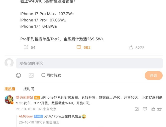 消息称苹果 iPhone 17 / Pro / Max 销售 16 天累计激活 269.5 万台,小米 17 全系首销 9 天激活 107.6 万台