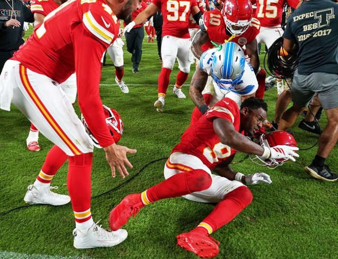 Lions' Brian Branch snubs Patrick Mahomes after loss, sparks brawl with Chiefs wide receiver